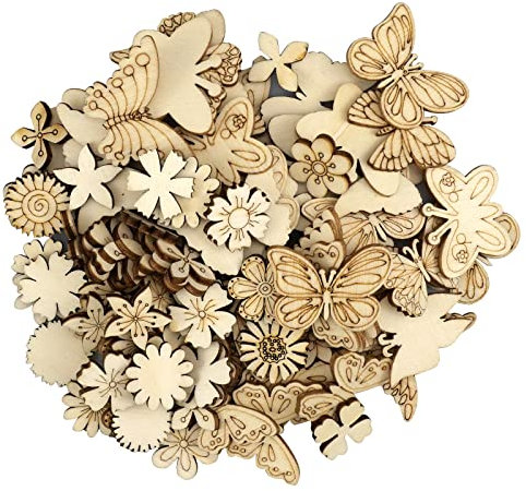 quiodok 200 Stück Schmetterling und Blumen Holzscheiben DIY Handwerk Holz Log Scheiben Blatt Formen Dekoration Für Scrapbooking Basteln Personalisierte Geschenke Hochzeits und Partydekoration