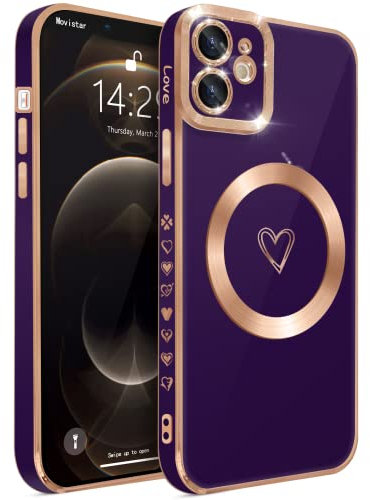 ECZOIL Compatible with iPhone 12 Case MagSafe,Full Camera Lens Protection Luxury Electroplated Cute Heart Magnetic Case for iPhone 12 for Women Girls-Deep Purple