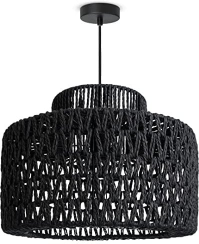 Paco Home LED Pendellampe Pendelleuchte Hängelleuchte Hängelampe für Wohnzimmer Schlafzimmer Esszimmer Schirm Papier E27, Farbe:Schwarz (Ø40cm), Leuchtenart___Farbe:Pendelleuchte - Schwarz