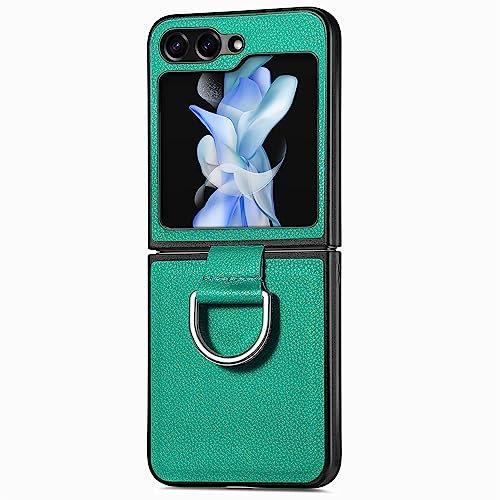 for Samsung Z Flip5 Case Galaxy Z Flip5 Case Leather Shockproof Slim Fit Protective Flip Card Slots Ring Holder Cover for Samsung Z Flip5 Phone Case,Green