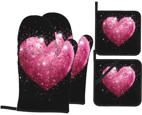 YYHHAOFA Set di quattro pezzi da cucina con cuore rosso glitterato rosa – guanto da forno isolato e presine spessi e resistenti