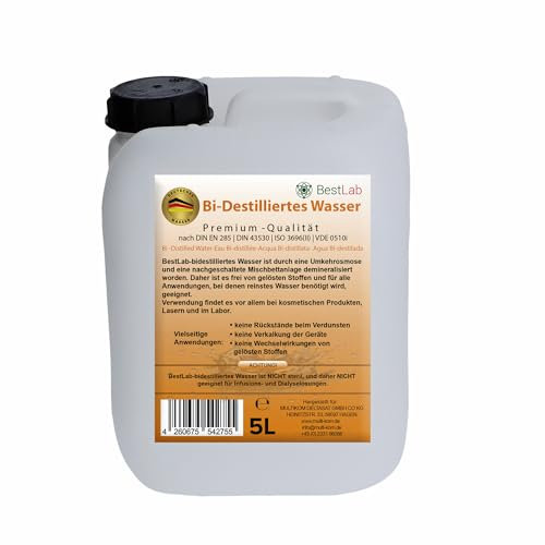 BestLab Bidestilliertes Wasser - Ideal für Haushalt, Medizin, Labor und Basteln für Elektrogeräte, Auto oder Bügeleisen - 1L, 1L mit Sprühkopf, 5L und 3x5L Paket (5 Liter)