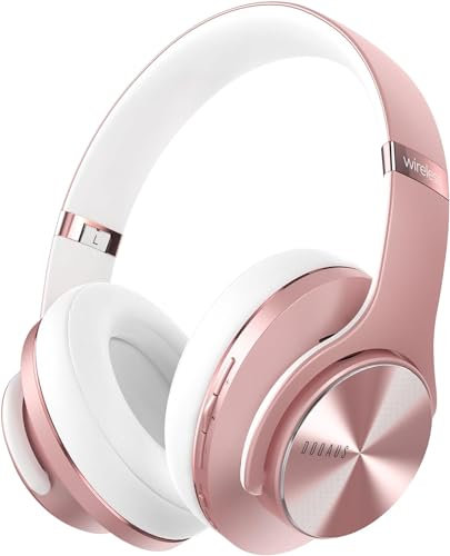 DOQAUS Bluetooth Kopfhörer Over Ear, Bis zu 90 Std Kabellose Kopfhörer mit 3 EQ-Modi, HiFi Stereo Faltbare Headset mit Mikrofon, weiche Ohrpolster für Reisen/Büro/Handy/PC/Laptops-Roségold