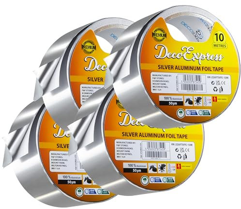 DECO EXPRESS Aluminium Foil Tape Adhesive Insulating Sealer 4.5cm x 10m/25m/50m Heat Resistant Waterproof Insulation Tape (10 M, 4 Pcs)