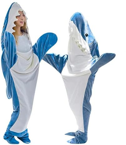 JTBDWOSK Hai Decke für Erwachsene, Superweicher Sofa Kuscheldecke Hai Decke Schlafsack, Flanelldecke Mit Kapuze für Cosplay-Shows, Cartoon Pyjama Partys,Blau,XXL