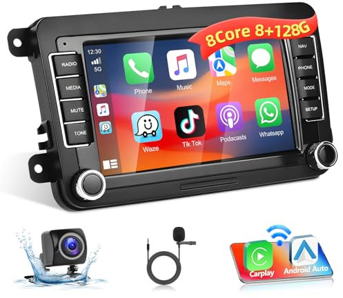 Podofo 8+128G Radio de Coche para VW Golf 5 6 Polo Seat Skoda con Carplay Inalámbrico Android Auto, Radio Android 13 de 7 Pulgadas con Pantalla, Bluetooth, GPS + Cámara de Marcha Atrás y Micrófono