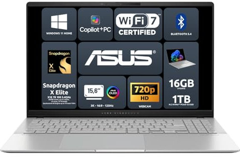 ASUS Notebook Vivobook S 15 S5507QA,15.6 3K (2880 x 1620) OLED 16:9, Snapdragon X Elite X1E78 100 3.4GHz, 16GB RAM LPDDR5X,1TB M.2 NVMe™ PCIe® 4.0 SSD, Windows 11 Home,Wifi 7,BT, COPILOT+