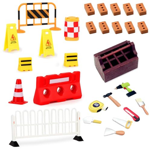 Wichtel Zubehör Baustelle 28 Stück Wichtel Baustelle Set Mini Holz Werkzeugkiste, Straßensperre, Simulation Ziegel Straßenschilder Verkehrskegel für Kinder Wichteltür Baustelle Weihnachtsdekorationen