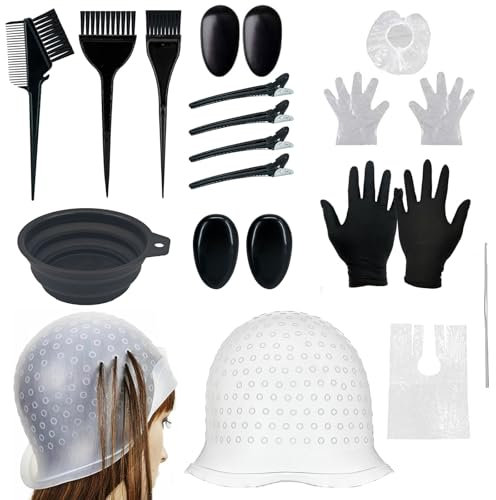 Kiuiom 18 Pezzi Strumenti Per La Colorazione Dei Capelli,Kit Di Tinture Riutilizzabile,Tappo Per Colorare I Capelli,Cappucci In Silicone Per Tinture Per Capelli,Cuffia Per Meches Con Ganci