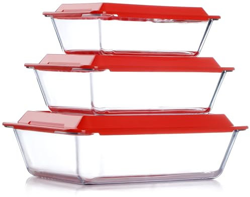 NUTRIUPS 3er Set Tiefe Glas Auflaufformen mit Deckel, Tiefes Lasagneformen Set, Lasagneformen für den Ofen, Rechteckige Glasauflaufformen (1.4+2.3+3.5L)
