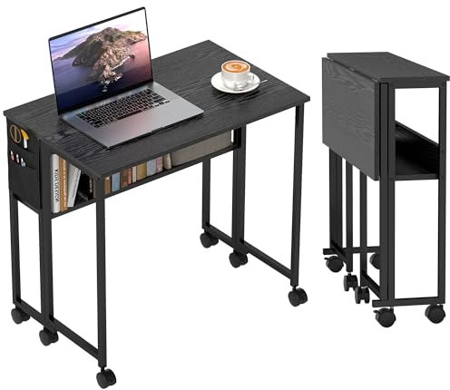 HOMCOM Scrivania Salvaspazio Pieghevole a Ribalta, Scrivania Piccola con Ruote a Freno, Scaffale e Tasca Portaoggetti, Tavolo Computer Richiudibile per Casa, Studio e Ufficio, 80x50x75 cm, Nero