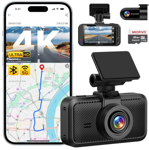 Miofive Dashcam für Front- und Rückkamera 4K/2K, GPS, WiFi, Bluetooth, 3-Zoll-IPS-Display, Nachtsicht, Loop-Aufnahme, HDR, App-Steuerung und unterstützt bis zu 512 GB mit einer kostenlosen 32-GB-Karte