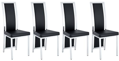 SEEDWAVE Esszimmerstühle 4er Set, Küchenstuhl mit gebogener hoher Rückenlehne, PU-Leder Sitzfläche, Metallrahmen, Metallstuhlbeine und verstellbaren Fußgleitern (4, Schwarz/silbernen Beinen)