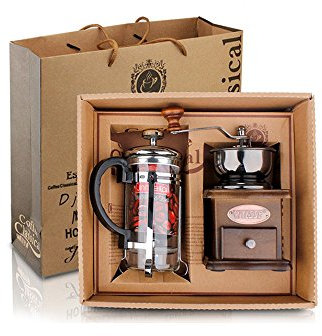 Finoki - Set portátil de cafetera manual, manivela, moledor de cerámica, molinillo de café de madera y metal