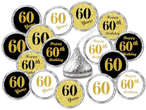60th Birthday Kisses Stickers, (Set of 324) Chocolate Drops Labels Stickers for 60th Birthday, Hershey's Kisses Party Favors Decor, 9 Designs (36 Stickers of Each)