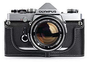 Case for Olympus OM-4, Zakao Handmade Genuine Real Leather Half Camera Case Bag Cover for Olympus OM-1/1N OM-2/2N OM-3/3Ti OM-4/4Ti (No Handle) with Hand Strap (Black)