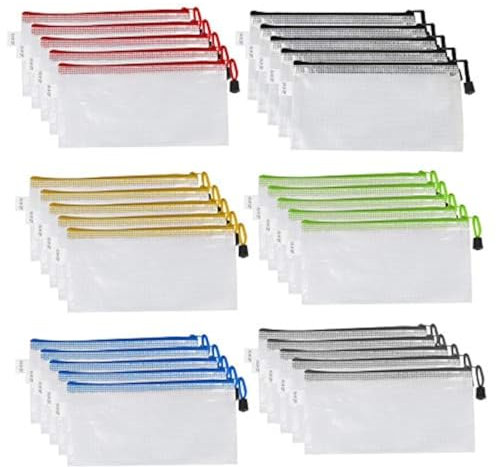 SevenMye 30 Stück Reißverschluss-Mesh-Beutel, wasserdichte Dokumenten-Aufbewahrungstaschen, Mehrzweck-Federmäppchen, Aufbewahrungstasche für Schule, Büro, 6 Farben