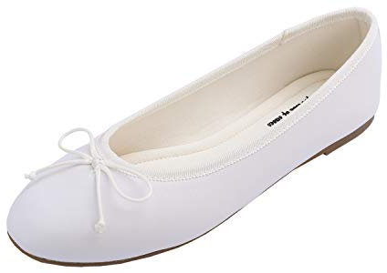 Feversole Women's Fashion Round Toe Ballet Flat Pumps Slip On Bow Detail Dolly Shoes White Napa UK 5