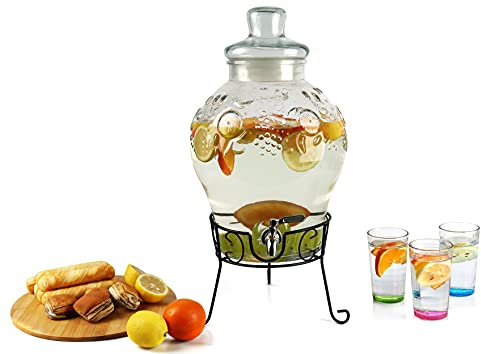 Monster24 10 Liter Getränkespender mit tropfsicherem Zapfhahn aus Edelstahl – Wasserspender, Bowle-Gefäß aus Glas mit stabilem Metallständer und Glasdeckel – BPA-freier Limonadenspender