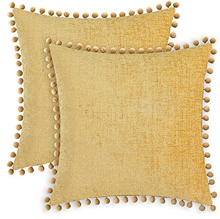 CaliTime Kissenbezüge 2er-Pack Kuschelige, durchgefärbte, weiche Chenille-Kissenbezüge mit Pom Poms für Couch Sofa Dekoration 45cm x 45cm Gold