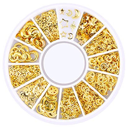 1 Box Mixed Gold Nail Charms Set Gold Nail Studs Gems Sparkling Rhinestones Metal Rivets Charms Hollow Moon Star Hearts Shaped Artificial Pearls DIY 3D Nail Art Decoration Rhinestones And Charms 3#