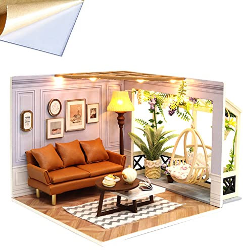TOPBSFARNY Puppenhaus Kit 3D Holz Mini Puppenhaus mit Möbeln Papier Kunst Raum Dekoration DIY Haus Kit mit LED Lichtern Kreatives Valentinstag Hochzeit Geschenk (H-025)