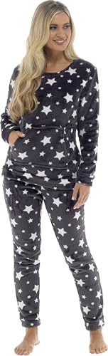 KATE MORGAN Womens Pyjamas Warm Fleece Pyjamas for Women Sets Pjs with Pockets S-XL | Soft Twosie Pyjama Set for Ladies Gifts for Her XL Charcoal Star
