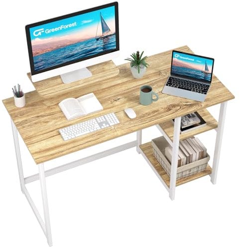 GreenForest Computer Home Office Schreibtisch mit reversiblen Speicherregalen 100cm Kleiner justierbaren Regalen für kleine Räume,Schlafzimmer,Student,moderner PC Laptop Tisch,Beige