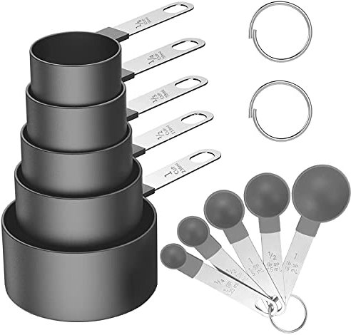 Songjum Stackable Measuring Cups and Spoons Set Plastic with Stainless Steel Handle 10 Pieces Kitchen Gadgets for Measuring Solids and Liquid (Grey)