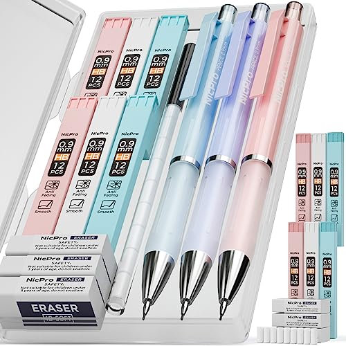 Nicpro 3 Pièces Pastel Porte-Mines 0,9 mm, Porte-Mines avec 6 tubes de mine HB 0.9mm, 3 gommes et 9 recharges de gomme, fournitures scolaires mignonnes pour écrire, dessiner, faire des croquis