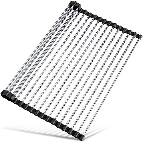 Tomorotec Roll Up Dish Drying Rack Over Sink Drying Rack Sink Cover Kitchen Sink Accessories Gadget Multipurpose Organizer Foldable Stainless Steel Drainer 45x40cm (Black)