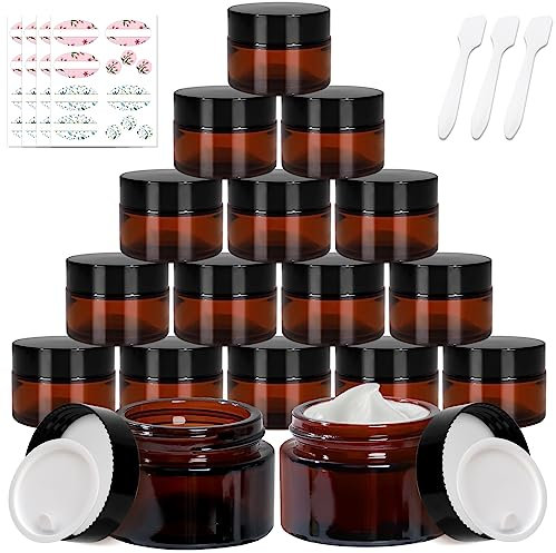 Lot de 24 pots vides en verre ambré de 28,3 g avec couvercles à vis noirs, pots ronds rechargeables pour lotion, sels de bain, voyage