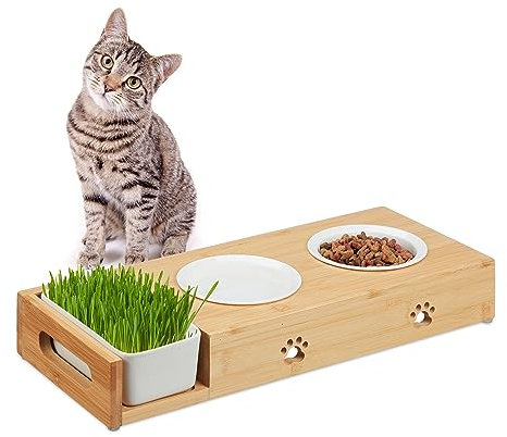 Relaxdays Katzen Futterstation mit Katzengras Schale, 2 Keramiknäpfe je 250 ml, spülmaschinenfest, Katzenbar, Natur/weiß