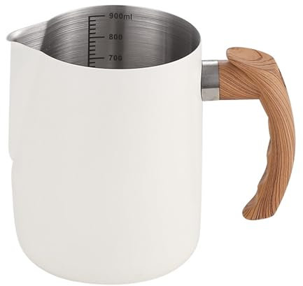 Qiebenav Milk Frothing Jug,600/1000ml Milk Frothing Pitcher,Stainless Steel Wooden Handle Dripless Spout Milk Bubbler for Latte Coffee Espresso Cappuccino Professional Grade Kitchen Tool 1000ML White