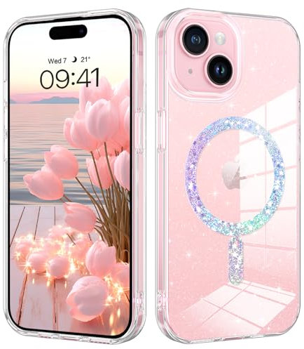BENTOBEN for iPhone 15 Plus Case Magnetic [Compatible with MagSafe], Transparent Clear Glitter Bling Sparkly Slim Lightweight Soft TPU Shockproof Full Protective Phone Cover for iPhone 15 Plus