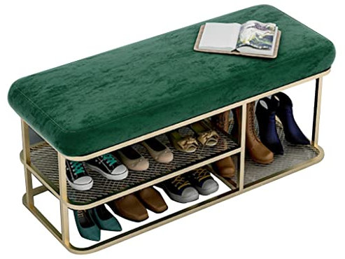 EsEntL 3-stufige Schuhbank, Schuhregal-Organizer, Samt-Polsterbank, Eingangsbank mit Metallrahmen, für Flur, Wohnzimmer (Farbe: Grün + Gold, Größe: 80 x 38 x 45 cm)