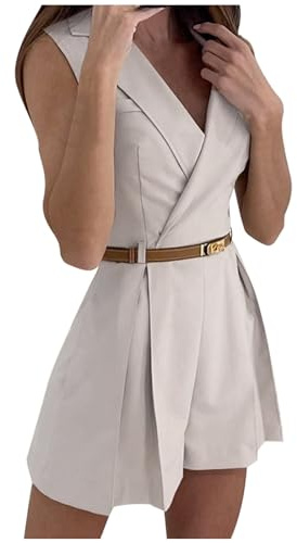 RUMAOZIA Jumpsuit Damen Elegant Sommer Kurz Hosenanzug Ohne Gürtel Business Overall Sexy Elegant Breites Bein Latzshort Playsuit Sommer Revers Romper Ohne Ärmel Einteiler Overall