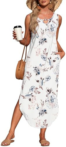 AUSELILY Strandkleid Damen Lang Maxikleid Sommer Blumenkleid Ärmellos Schlitz Hawaii Casual Leicht Mit Taschen Weiße Blumen M