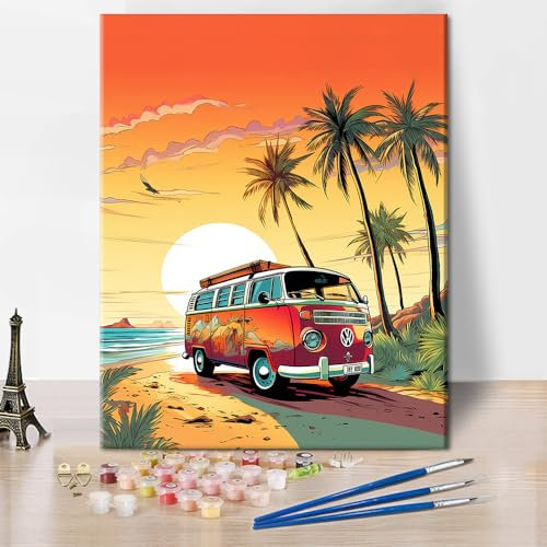 TISHIRON Peinture par numéro de voiture vintage Van on the Beach at Sunset - Peinture par numéro pour adultes - Peinture à l'huile sur toile - Peinture avec pinceaux et pigments - Art - 40,6 x 50,8 cm