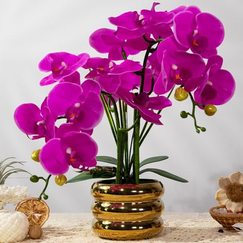 JARELING Artificial Orchids Flowers with Vase for Table Centerpieces, Real Touch Faux White Orchid Phalaenopsis in Ceramic Vase for Home Wedding Kitchen Decoration (Gold Vase, Purple)