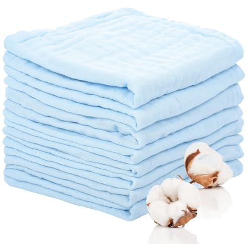 Lanjue 8 Pack Muslin Cloths for Baby, 6 Layers Cotton, 12 x 12 In, Blue | Soft Burp Cloths, Newborn Hand Washcloths, Reusable Baby Towels, for Feeding, Bath, Nursery, Travel, Bibs, Mouth Wipes, Daily