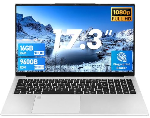 UDKED 17.3 Laptop, Celeron N5095 (Up to 2.9 GHz) 180° opening and closing Notebook PC,Large FHD IPS display, 16G RAM DDR4, HDMI, Fingerprint recognition,Backlit Keyboard (Silver, 16G+960G)