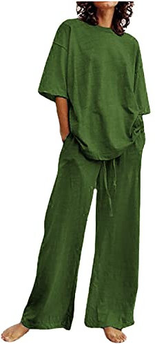 Jogginganzug Damen Set Blickdicht Kordelzug Sportanzug Atmungsaktiv Superweich Hosenanzug Elegant Sommer Activewear Baumwolle und Leinen Outfits Einfarbiges Taschen Fitnessanzug (Grün, XXL)