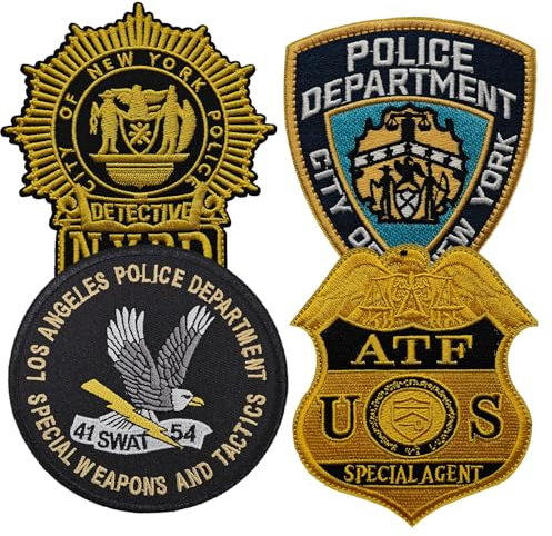 Jefuzh 4 x Polizei-Aufnäher, bestickte Applikation, NYPD-Aufnäher für Kleidung, Hüte, Jeans, Röcke, Rucksäcke