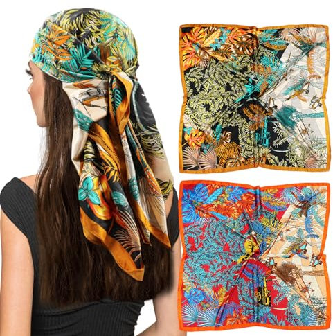 vimate Seidenschal Damen -Frühling Herbst 35“ Quadrat groß Orange Sei Haar Kopf Wrap Schals für Schlafen Wrap in r Nacht (2 Pack-F)
