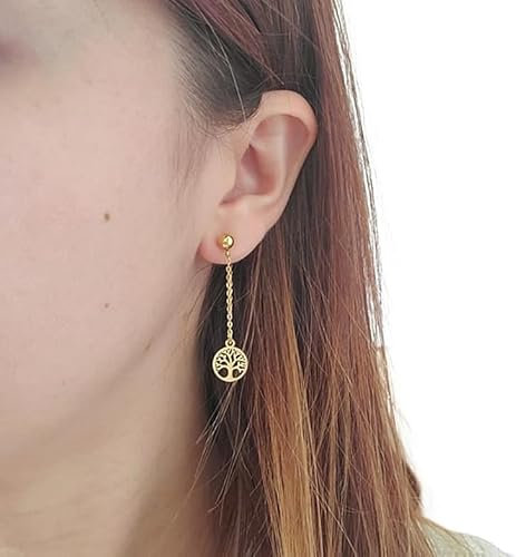 Boucles d'oreilles arbre de vie sur chaine acier inoxydable Or ou Argent pendantes pour femme fait main cadeau anniversaire, noel, fête des mères (Or)