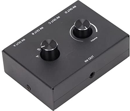 Rankomu Conmutador estéreo de 4 vías, 3,5 mm, 4 puertos, 3,5 mm, convertidor pasivo estéreo 1 en 4 salidas/4 en 1 para auriculares MP3, caja de interruptor de audio, diseño compacto