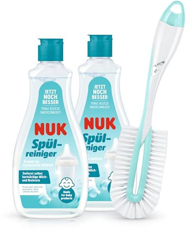 NUK Spülreiniger für Babyflaschen und Flaschenbürste Set | 500 ml | Ideal zur Reinigung von Babyflaschen, Nuckeln und Zubehör | Duftstofffreier Reiniger | pH-neutral