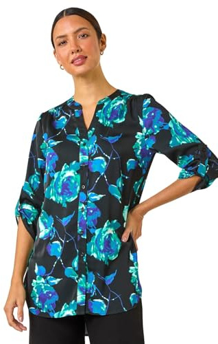 Roman Originals Shirt Top for Women UK Ladies Collarless Blouse Smart Tunic Button Through Longline Asymmetric Hem 3/4 Length Roll Up Sleeves V Neck Going Out - Teal - Size 12