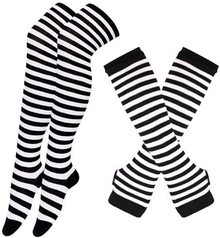 BRTNUP Striped Arm Warmers Leg Warmers Set, Stripeda Socks Over Knee, Striped Arm Warmer Fingerless Gloves for Girls Women (B, One size)
